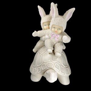 Vtg Dept 56 Snowbunnies Riding Turtle 1995 It's Working We're Going Faster